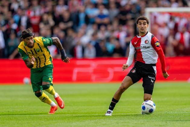 ROTTERDAM , 30-08-2026 , Stadium feijenoord De Kuip , season 2025 2026 , Dutch Eredivisie football , match between Feyenoord and ADO Den Haag , picture shows ADO player Yannick Eduardo and Feyenoord player Oussama Targhalline Feyenoord - ADO  x206244033x Copyright: