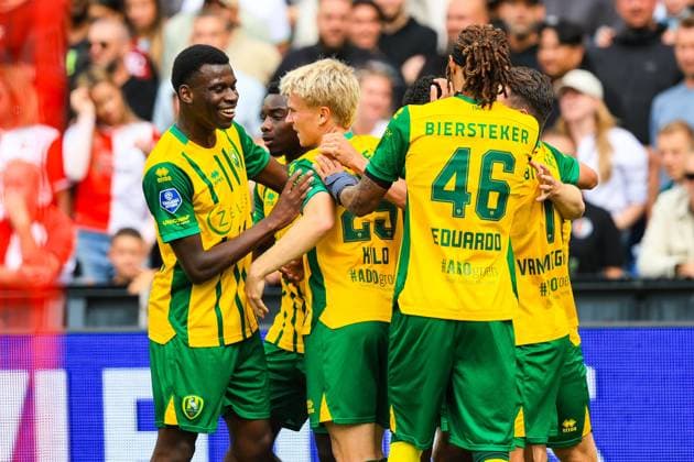 ROTTERDAM , 30-08-2026. Stadion de Kuip , season 2026 2027 , Dutch Eredivisie Football , match between Feyenoord and ADO Den Haag , picture shows, DeVante Parker, Sekou Sylla and Juho Kilo, nighel Thomas scores 0-1 Feyenoord - ADO  x206244122x Copyright: