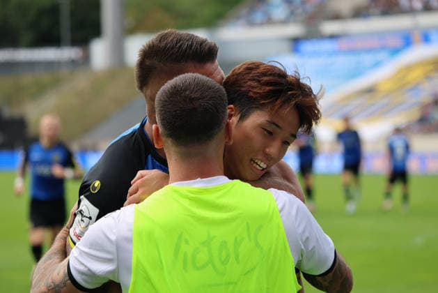 August 30, 2026, Soccer, Men s, 3rd Division, 2026–2027 Season, 1 FC Saarbrücken vs. FC Hansa Rostock, celebration of the 1–1 goal, goal scorer Seung Joon Lee, 1 FC Saarbrücken, Saarbrücken, Ludwigsparkstadion, Saarland, Germany, DEU Copyright: xSebastianxBachx