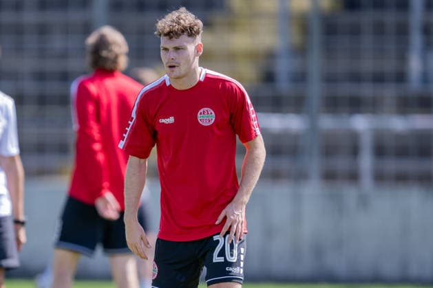 Leon Bucher, TSV 1882 Landsberg, age 20, during warm-ups in Germany; TSV 1860 Munich vs. TSV Landsberg 1882, soccer, Bavarian Regional League, Matchday 6, 2026–2027 season, August 30, 2026 DFL DFB regulations prohibit any use of photographs as image sequences and or quasi-video. Photo: HMB Media, Heike Feiner Copyright: HMBxMedia HeikexFeiner