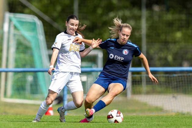 Northeast Regional League Women s Division 1: FFC Turbine Potsdam II vs. FFV Erfurt, Potsdam, August 30, 2026. Milena Schulz (18) of FFC Turbine Potsdam II vs. Lea Schrenk (19) of FFV Erfurt. Northeast Regional League Women s Division 1: FFC Turbine Potsdam II vs. 1 FFV Erfurt Sportforum Potsdam Waldstadt Schlaatz August 30, 2026 Copyright: xBEAUTIFULxSPORTS Duehringx