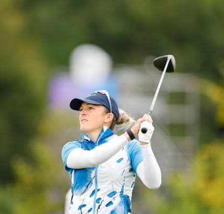 RECORD DATE NOT STATED 30th August 2026; The K Club, Straffan, County Kildare, Ireland: KPMG Womens Irish Open Golf, Final Round; Celine Herbin-Marshall of France tees off on the 1st hole PeterxFitzpatrick