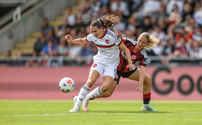 GER, Frankfurt, Eintracht Frankfurt vs 1. FC Nürnberg, Google Pixel Frauen Bundesliga, Fussball, DFB, Spielzeit 2026 2027, Stadion am Brentanobad, 2. Spieltag im Bild v.l.: Marie Bleil (FC Nürnberg Frauen 17), Danique Tolhoek (Eintracht Frankfurt Frauen 22), Zweikampf DFB DFL REGULATIONS PROHIBIT ANY USE OF PHOTOGRAPHS AS IMAGE SEQUENCES AND OR QUASI-VIDEO, 30.08.2026 *** GER, Frankfurt, Eintracht Frankfurt vs. 1. FC Nürnberg, Google Pixel Women s Bundesliga, Soccer, DFB, 2026–2027 Season, Stadion am Brentanobad, Matchday 2 in pictures: from left, Marie Bleil, 1. FC Nürnberg Women s U-17, Danique Tolhoek, Eintracht Frankfurt Women, 22, Tackle. DFB and DFL regulations prohibit any use of photographs as image sequences and or quasi-video. August 30, 2026 Copyright: HMBxMedia HendrikxHamelau
