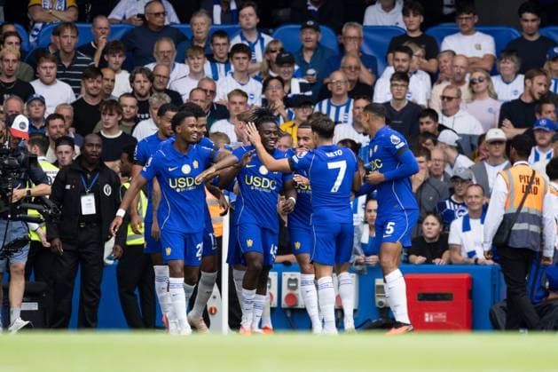 Romeo Lavia of Chelsea scores and celebrates 1-0 Chelsea v Brighton and Hove Albion, Premier League Football, Football, Stamford Bridge, London, UK - 30 Aug 2026London Stamford Bridge United Kingdom EDITORIAL USE ONLY No use with unauthorised audio, video, data, fixture lists, club league logos or live services. Online in-match use limited to 120 images, no video emulation. No use in betting, games or single club league player publications.  Copyright: xIanxTuttle Shutterstockx 17119079aa