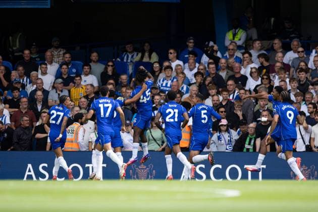 Romeo Lavia of Chelsea scores and celebrates 1-0 Chelsea v Brighton and Hove Albion, Premier League Football, Football, Stamford Bridge, London, UK - 30 Aug 2026London Stamford Bridge United Kingdom EDITORIAL USE ONLY No use with unauthorised audio, video, data, fixture lists, club league logos or live services. Online in-match use limited to 120 images, no video emulation. No use in betting, games or single club league player publications.  Copyright: xIanxTuttle Shutterstockx 17119079ab