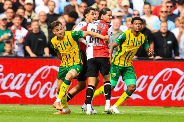 ROTTERDAM , 30-08-2026. Stadion de Kuip , season 2026 2027 , Dutch Eredivisie Football , match between Feyenoord and ADO Den Haag , picture shows, Mylian JimÃ nez, Oussama Targhalline, Anis Hadj Moussa and Nigel Thomas Feyenoord - ADO  x206245012x Copyright: