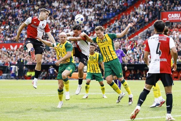 ROTTERDAM - Mika Marmol of Feyenoord, Evan Rottier of ADO Den Haag, Javi Lopez of Feyenoord, Milan Hokke of ADO Den Haag (lr) during the Dutch Eredivisie match between Feyenoord Rotterdam and ADO Den Haag at De Kuip stadium on 30 August 2026 in Rotterdam, the Netherlands. MAURICE VAN STEEN ANP Eredivisie 2026 27 xVIxANPxSportx xxANPxIVx 566594505 originalFilename: 566594505.jpg