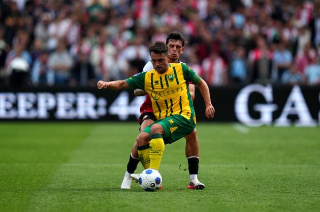 Eredivisie: Feyenoord Rotterdam v ADO Den Haag Rotterdam - Daryl van Mieghem of ADO Den Haag duels for the ball with Javier Lopez of Feyenoord Rotterdam during the fourth competition round of the 2026 2027 Eredivisie season. The match is set between Feyenoord Rotterdam and ADO Den Haag at De Kuip on 30 August 2026 in Rotterdam, The Netherlands. (Hero Images Yannick Verhoeven) Copyright: xYannickxVerhoevenx