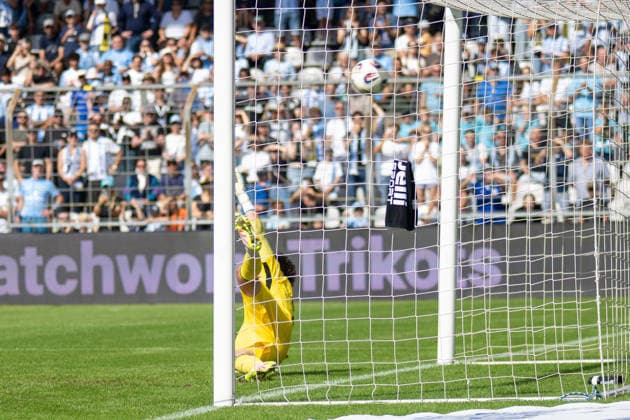 Leopold Leimeister 1 (TSV Landsberg) fails to stop the penalty kick; 1–0 for TSV 1860 Munich, TSV 1860 Munich vs. TSV Landsberg, Soccer, Bavarian Regional League, Matchday 6, August 30, 2026. DFB regulations prohibit any use of photographs as image sequences and or quasi-video. Munich, Bavaria, Germany Copyright: xkolbert-press UlrichxGamelx