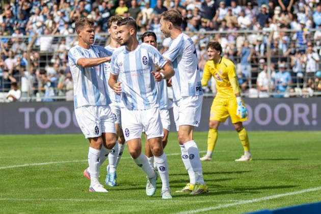 Goal celebration after the 1-0 score: TSV 1860 Munich—Florian Niederlechner (7), TSV 1860 Munich—Michael Eberwein (13), TSV 1860 Munich vs. TSV Landsberg, Soccer, Bavarian Regional League, Matchday 6, August 30, 2026. DFB regulations prohibit any use of photographs as image sequences and or quasi-video. Munich, Bavaria, Germany Copyright: xkolbert-press UlrichxGamelx