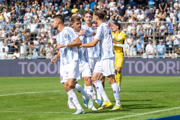 Goal celebration after the 1-0 score: TSV 1860 Munich—Florian Niederlechner (7), TSV 1860 Munich—Michael Eberwein (13), TSV 1860 Munich vs. TSV Landsberg, Soccer, Bavarian Regional League, Matchday 6, August 30, 2026. DFB regulations prohibit any use of photographs as image sequences and or quasi-video. Munich, Bavaria, Germany Copyright: xkolbert-press UlrichxGamelx