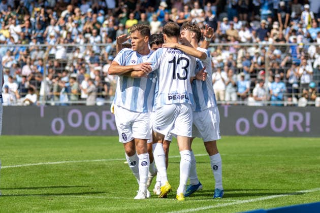 Goal celebration after the 1-0 score: TSV 1860 Munich—Florian Niederlechner (7), TSV 1860 Munich—Michael Eberwein (13), TSV 1860 Munich vs. TSV Landsberg, Soccer, Bavarian Regional League, Matchday 6, August 30, 2026. DFB regulations prohibit any use of photographs as image sequences and or quasi-video. Munich, Bavaria, Germany Copyright: xkolbert-press UlrichxGamelx