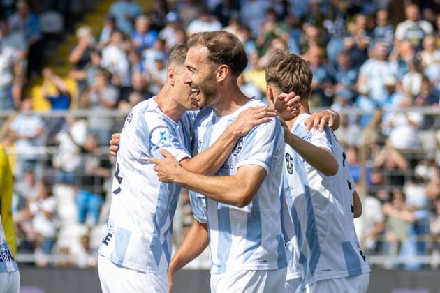 Goal celebration for the 1–0 lead, TSV 1860 Munich, Michael Eberwein 13, TSV 1860 Munich, TSV 1860 Munich vs. TSV Landsberg, Soccer, Bavarian Regional League, Matchday 6, August 30, 2026. DFB regulations prohibit any use of photographs as image sequences and or quasi-video. Munich, Bavaria, Germany Copyright: xkolbert-press UlrichxGamelx