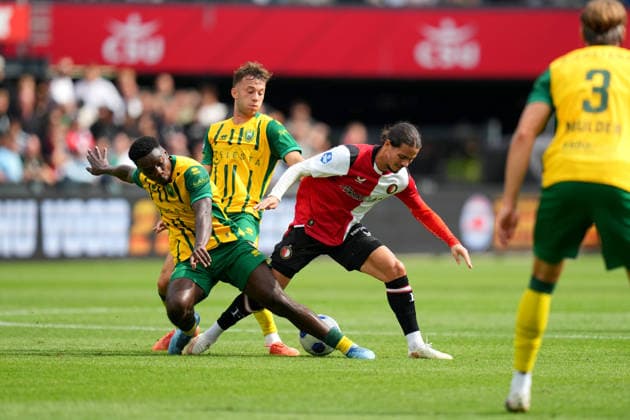 Eredivisie: Feyenoord Rotterdam v ADO Den Haag Rotterdam - Sekou Sylla of ADO Den Haag, Mylian Jimenez of ADO Den Haag, Anis Hadj Moussa of Feyenoord Rotterdam during the fourth competition round of the 2026 2027 Eredivisie season. The match is set between Feyenoord Rotterdam and ADO Den Haag at De Kuip on 30 August 2026 in Rotterdam, The Netherlands. Copyright: xYannickxVerhoevenx