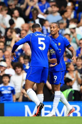 Chelsea FC v Brighton & Hove Albion - Premier League 2026 27 Maxence Lacroi and Joao Pedro of Chelsea celebrate 3rd goal during the Premier League 2026 27 match between Chelsea FC and Brighton & Hove Albion at Stamford Bridge on August 30, 2026 in London, England. WARNING! This Photograph May Only Be Used For Newspaper And Or Magazine Editorial Purposes. May Not Be Used For Publications Involving 1 player, 1 Club Or 1 Competition Without Written Authorisation From Football DataCo Ltd. For Any Queries, Please Contact Football DataCo Ltd on +44 (0) 207 864 9121 London Stamford Bridge England United Kingdom Copyright: xAllstarxPicturexLibraryxLtdx