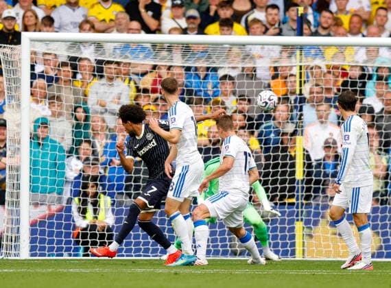 Leeds, England, 30th August 2026. Kevin Schade of Brentford scores the first goal during the Leeds United vs Brentford Premier League match at Elland Road, Leeds. Picture credit should read: James Baylis Sportimage EDITORIAL USE ONLY. No use with unauthorised audio, video, data, fixture lists, club league logos or live services. Online in-match use limited to 120 images, no video emulation. No use in betting, games or single club league player publications. SPI_018_JB_Leeds_Brentford SPI-4950-0018