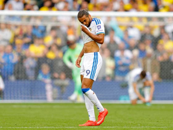 Leeds, England, 30th August 2026. Dominic Calvert-Lewin of Leeds United reacts to the first Brentford goal during the Leeds United vs Brentford Premier League match at Elland Road, Leeds. Picture credit should read: James Baylis Sportimage EDITORIAL USE ONLY. No use with unauthorised audio, video, data, fixture lists, club league logos or live services. Online in-match use limited to 120 images, no video emulation. No use in betting, games or single club league player publications. SPI_021_JB_Leeds_Brentford SPI-4950-0021