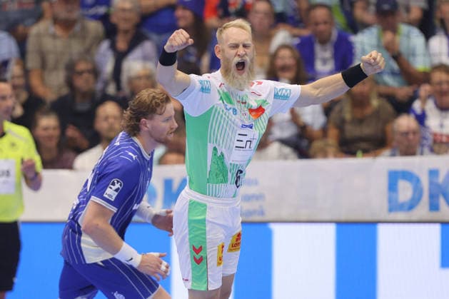 August 30, 2026, xtgx, Opel HBL Handball, VfL Gummersbach vs. SC Magdeburg, from left: Matthias Musche (Magdeburg), 6, celebration, goal celebration, celebrating the goal, Gummersbach