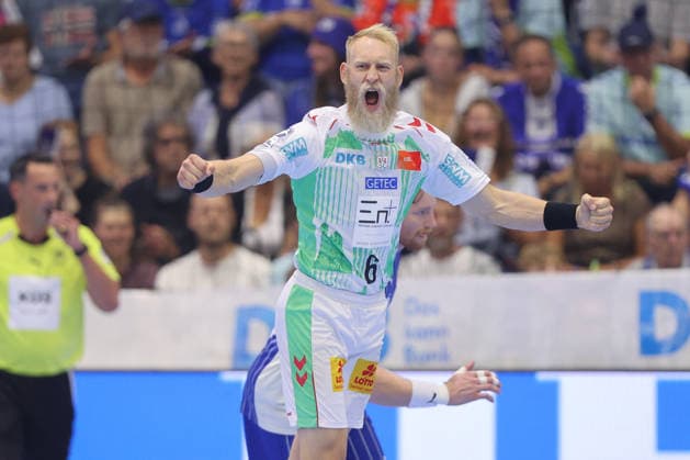 August 30, 2026, xtgx, Opel HBL Handball, VfL Gummersbach vs. SC Magdeburg, from left: Matthias Musche (Magdeburg), 6, celebration, goal celebration, celebrating the goal, Gummersbach celebration