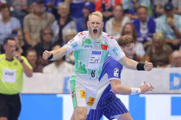 August 30, 2026, xtgx, Opel HBL Handball, VfL Gummersbach vs. SC Magdeburg, from left: Matthias Musche (Magdeburg), 6, celebration, goal celebration, celebrating the goal, Gummersbach