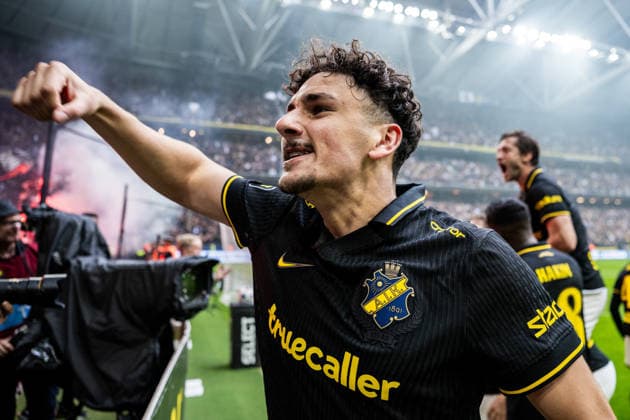 August 30, 2026: AIK s Oskar Pukelis celebrates after the score reached 3–2 during the Allsvenskan soccer match between AIK and Hammarby in Stockholm  Copyright: JESPERxZERMAN BB260830JZ061