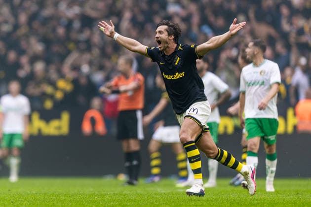260830 AIK s Hervé Matthys celebrates after the Allsvenskan soccer match between AIK and Hammarby on August 30, 2026, in Stockholm  Copyright: CAISAxRASMUSSEN BB260830CR039