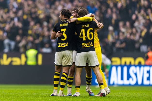 August 30, 2026: AIK s Hervé Matthys, Yannick Geiger, and goalkeeper Kristoffer Nordfeldt celebrate after the Allsvenskan soccer match between AIK and Hammarby on August 30, 2026, in Stockholm  Copyright: CAISAxRASMUSSEN BB260830CR040