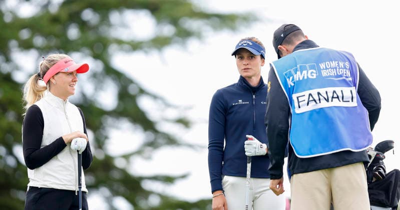 RECORD DATE NOT STATED 30th August 2026; The K Club, Straffan, County Kildare, Ireland: KPMG Womens Irish Open Golf, Final Round; Noora Komulainen of Finland chats with Alessandra Fanali of Italy prior to teeing off on the 1st hole PeterxFitzpatrick
