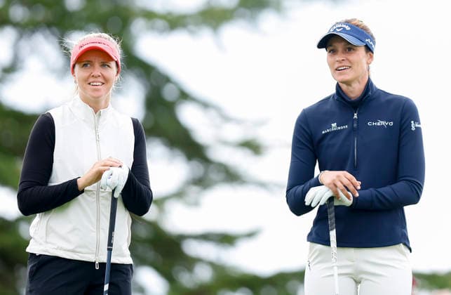 RECORD DATE NOT STATED 30th August 2026; The K Club, Straffan, County Kildare, Ireland: KPMG Womens Irish Open Golf, Final Round; Noora Komulainen of Finland chats with Alessandra Fanali of Italy prior to teeing off on the 1st hole PeterxFitzpatrick