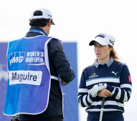 RECORD DATE NOT STATED 30th August 2026; The K Club, Straffan, County Kildare, Ireland: KPMG Womens Irish Open Golf, Final Round; Leona Maguire of Ireland chats with her caddy on the 1st tee PeterxFitzpatrick