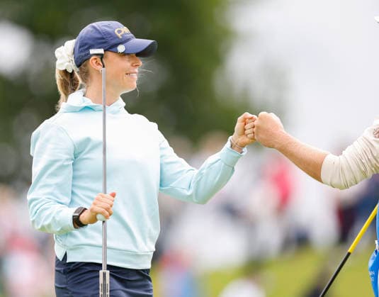 RECORD DATE NOT STATED 30th August 2026; The K Club, Straffan, County den Kildare, Ireland: KPMG Womens Irish Open Golf, Final Round; Corinne Viden of Sweden walks off the 2nd green with a birdie to bring her to 13 under par, fist pumps her caddy PeterxFitzpatrick
