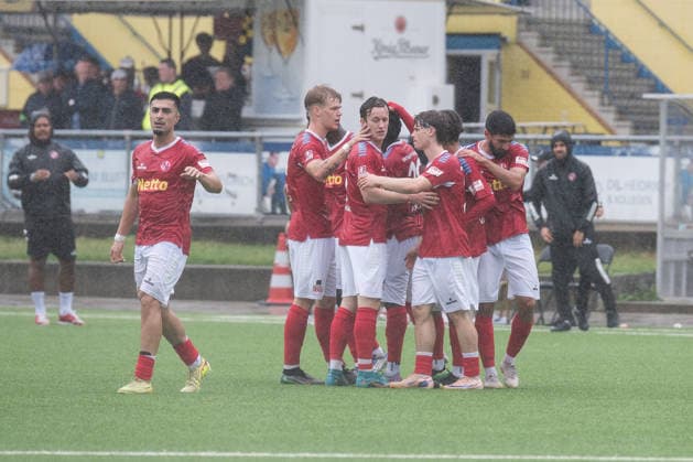 Soccer, 2026–27 Season, Regionalliga Nord, Hamburger SV II U21 vs. FC Eintracht Norderstedt, Hoheluft Stadium, Hamburg, August 30, 2026, Matchday 6. Norderstedt players celebrate after the 1–0 win.