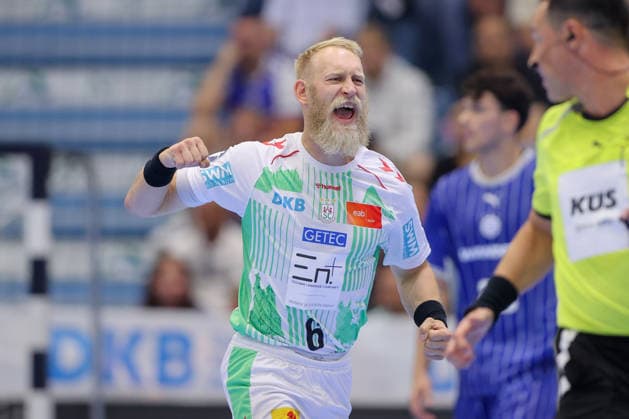 August 30, 2026, xtgx, Opel HBL Handball, VfL Gummersbach vs. SC Magdeburg, from left: Matthias Musche (Magdeburg), 6, cheering, goal celebration, celebrating the goal, Gummersbach