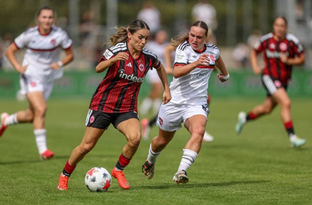 GER, Frankfurt, Eintracht Frankfurt vs 1. FC Nürnberg, Google Pixel Frauen Bundesliga, Fussball, DFB, Spielzeit 2026 2027, Stadion am Brentanobad, 2. Spieltag im Bild v.l.: Ereleta Memeti (Eintracht Frankfurt Frauen 7), Charline Coutel (FC Nürnberg Frauen 6), Zweikampf DFB DFL REGULATIONS PROHIBIT ANY USE OF PHOTOGRAPHS AS IMAGE SEQUENCES AND OR QUASI-VIDEO, 30.08.2026 *** GER, Frankfurt, Eintracht Frankfurt vs. 1. FC Nuremberg, Google Pixel Women’s Bundesliga, Soccer, DFB, 2026–2027 Season, Stadion am Brentanobad, Matchday 2 in photos: from left, Ereleta Memeti, Eintracht Frankfurt Women’s Team No. 7, Charline Coutel, 1 FC Nuremberg Women 6; tackle. DFB and DFL regulations prohibit any use of photographs as image sequences and or quasi-video. August 30, 2026 Copyright: HMBxMedia HendrikxHamelau