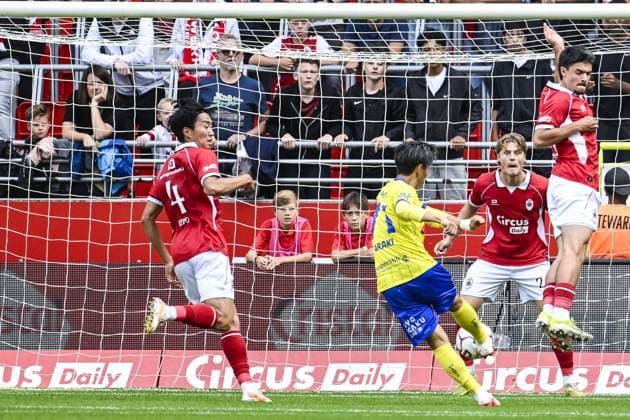STVV s Ryotaro Araki scores a goal during a soccer match between Royal Antwerp FC and Sint-Truidense V.V., Sunday 30 August 2026 in Antwerp, on day 4 of the 2026-2027 Jupiler Pro League first division of the Belgian championship. TOM GOYVAERTS TomxGoyvaerts  x184747719x