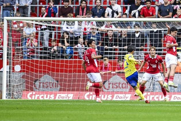STVV s Ryotaro Araki scores a goal during a soccer match between Royal Antwerp FC and Sint-Truidense V.V., Sunday 30 August 2026 in Antwerp, on day 4 of the 2026-2027 Jupiler Pro League first division of the Belgian championship. TOM GOYVAERTS TomxGoyvaerts  x184747737x