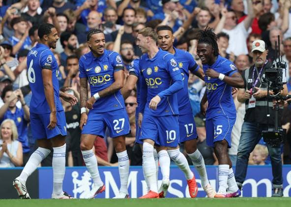 Premier League - Chelsea v Brighton & Hove Albion LONDON, ENGLAND, AUGUST 30: GOAL 1-0, Romeo Lavia of Chelsea goal celebration during the Premier League match between Chelsea v Brighton & Hove Albion at Stamford Bridge Stadium, London, England, on August 30. (Photo by Daniel Weir) London Stamford Bridge Stadium England Copyright: xDanielxWeir SportsxPressxPhotox Sportspressphoto_SPR219691