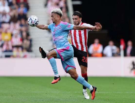 Sunderland, England, 30th August 2026. Antonee Robinson of Fulham tackled by Enzo Le Fee of Sunderland during the Sunderland vs Fulham Premier League match at the Stadium Of Light, Sunderland. Picture credit should read: Nigel Roddis Sportimage EDITORIAL USE ONLY. No use with unauthorised audio, video, data, fixture lists, club league logos or live services. Online in-match use limited to 120 images, no video emulation. No use in betting, games or single club league player publications. SPI_021_NR_Sunderland_Fulham SPI-4949-0022