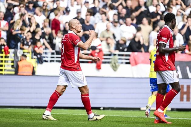 Antwerp s Michael Frey reacts during a soccer match between Royal Antwerp FC and Sint-Truidense V.V., Sunday 30 August 2026 in Antwerp, on day 4 of the 2026-2027 Jupiler Pro League first division of the Belgian championship. TOM GOYVAERTS TomxGoyvaerts  x184749621x
