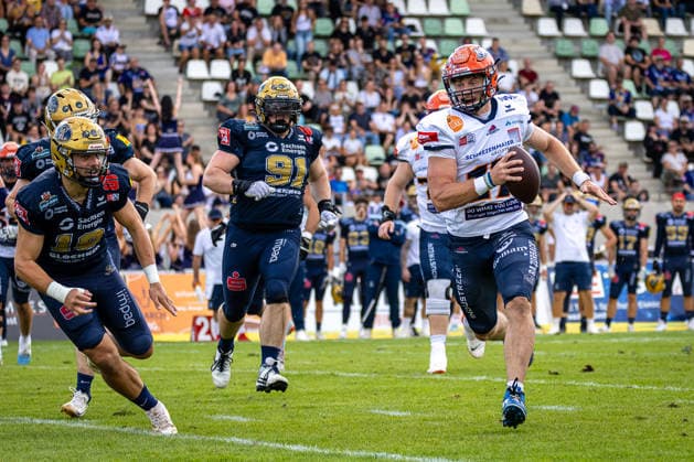 touchdown run Broghean Mcgovern (ifm Razorbacks Ravensburg, 17 Quarter Back) Dresden Monarchs vs ifm Razorbacks Ravensburg, American Football, German Football League, Week 17, 2026, 30.08.2026, Dresden Heinz-Steyer-Stadion Saxony Germany Copyright: xPFA SebastianxJustx