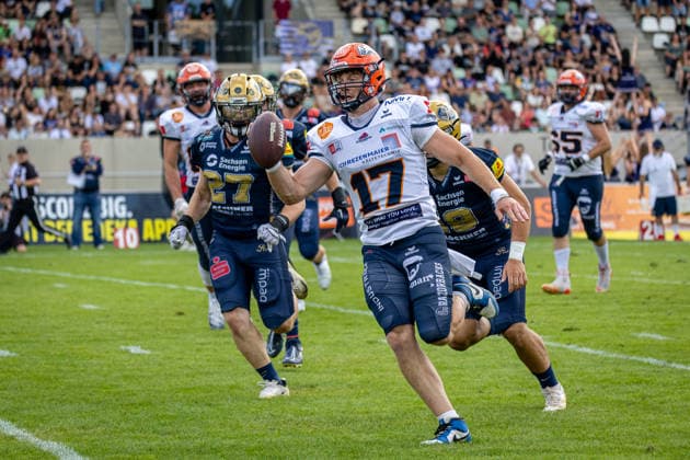 touchdown run Broghean Mcgovern (ifm Razorbacks Ravensburg, 17 Quarter Back) Dresden Monarchs vs ifm Razorbacks Ravensburg, American Football, German Football League, Week 17, 2026, 30.08.2026, Dresden Heinz-Steyer-Stadion Saxony Germany Copyright: xPFA SebastianxJustx