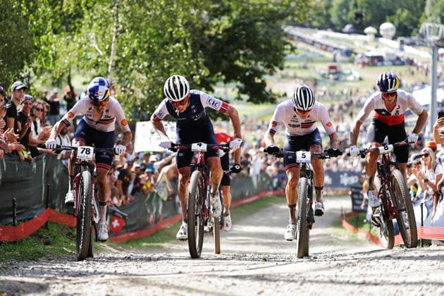 2026 UCI Mountain Bike World Championships Picture by Alex Whitehead SWpix.com - 30 08 2026 - Cycling - 2026 UCI Mountain Bike World Championships - Val di Sole, Trentino, Italy - Cross-country Olympic (XCO) - Men Elite - Thomas Pidcock (Great Britain), Charlie Aldridge (Great Britain), Martin Vidaurre Kossmann (Chile), Adrien Yves Claude Boichis (France) Copyright: x xSWpix.comx(t axPhotographyxHubxLtd)xAlexxWhitehead SWpix.comx SWP-3030-21577