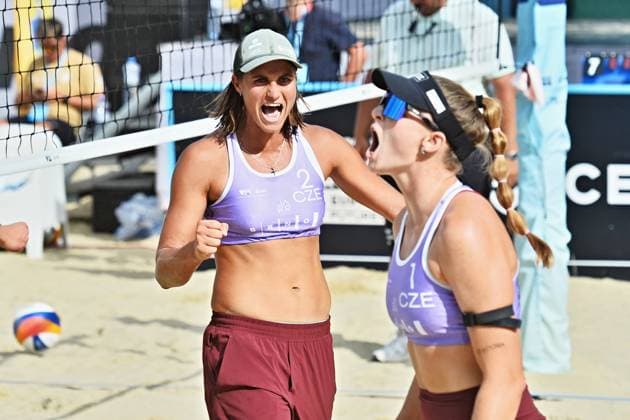 From right Kylie Neuschaferova and Martina Maixnerova from Czech Republic react during the World Beach volleyball, Beachvolleyball Pro Tour, category Futures, on August 30, 2026, in Brno, Czech Republic. (CTKxPhoto PatrikxUhlir) CTKPhotoP2026083003796  CTKPhotoP2026083003796