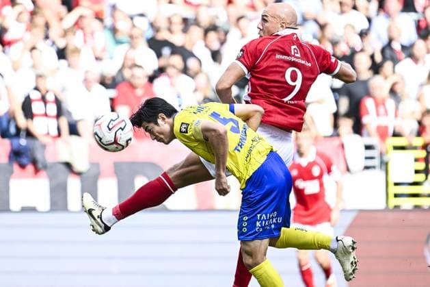 STVV s Shogo Taniguchi and Antwerp s Michael Frey pictured in action during a soccer match between Royal Antwerp FC and Sint-Truidense V.V., Sunday 30 August 2026 in Antwerp, on day 4 of the 2026-2027 Jupiler Pro League first division of the Belgian championship. TOM GOYVAERTS TomxGoyvaerts  x184750099x