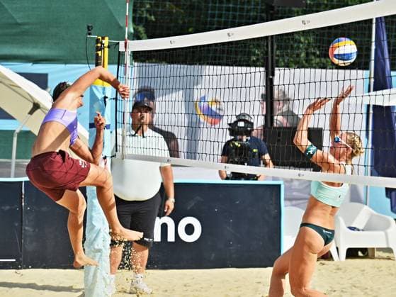 From left, Martina Maixnerova and Marie-Sara Stochlova from Czech Republic in action during the World Beach volleyball, Beachvolleyball Pro Tour, category Futures, on August 30, 2026, in Brno, Czech Republic. (CTKxPhoto PatrikxUhlir) CTKPhotoP2026083003817  CTKPhotoP2026083003817