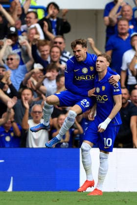 Chelsea FC v Brighton & Hove Albion - Premier League 2026 27 Pep Chavarria and Cole Palmer of Chelsea celebrate 4th goal during the Premier League 2026 27 match between Chelsea FC and Brighton & Hove Albion at Stamford Bridge on August 30, 2026 in London, England. WARNING! This Photograph May Only Be Used For Newspaper And Or Magazine Editorial Purposes. May Not Be Used For Publications Involving 1 player, 1 Club Or 1 Competition Without Written Authorisation From Football DataCo Ltd. For Any Queries, Please Contact Football DataCo Ltd on +44 (0) 207 864 9121 London Stamford Bridge England United Kingdom Copyright: xAllstarxPicturexLibraryxLtdx