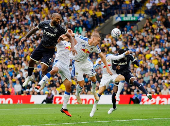 Leeds, England, 30th August 2026. Igor Thiago of Brentford gets a header on target during the Leeds United vs Brentford Premier League match at Elland Road, Leeds. Picture credit should read: James Baylis Sportimage EDITORIAL USE ONLY. No use with unauthorised audio, video, data, fixture lists, club league logos or live services. Online in-match use limited to 120 images, no video emulation. No use in betting, games or single club league player publications. SPI_030_JB_Leeds_Brentford SPI-4950-0030