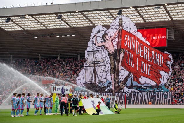30th August 2026; Stadium of Light, Sunderland, England; Premier League Football, Sunderland versus Fulham; Sunderland and Fulham line-up before kick-off with the Sunderland tifo in the background PeterxNorth