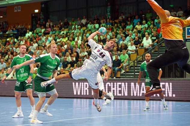 August 30, 2026, xovx, Opel Handball Bundesliga, HSG Wetzlar vs. SG BBM Bietigheim: Tomas Piroch (HSG Wetzlar), Georg Löwen (HSG Wetzlar), Mathias Larson (SG BBM Bietigheim), Bart Ravensbergen (HSG Wetzlar), Wetzlar Buderus Arena, Hesse, Germany, DE