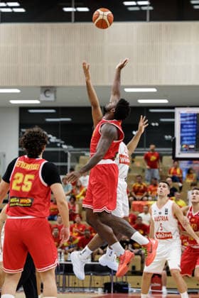 BASKETBALL - FIBA EuroBasket, quali, AUT vs MKD VIENNA,AUSTRIA,30.AUG.26 - BASKETBALL - FIBA EuroBasket 2029 Pre-Qualifier, Austria vs North Macedonia. Image shows Moses Anthony Wright (MKD) and Guylain Mbemba (AUT).  GEPAxpictures xArminxRauthner